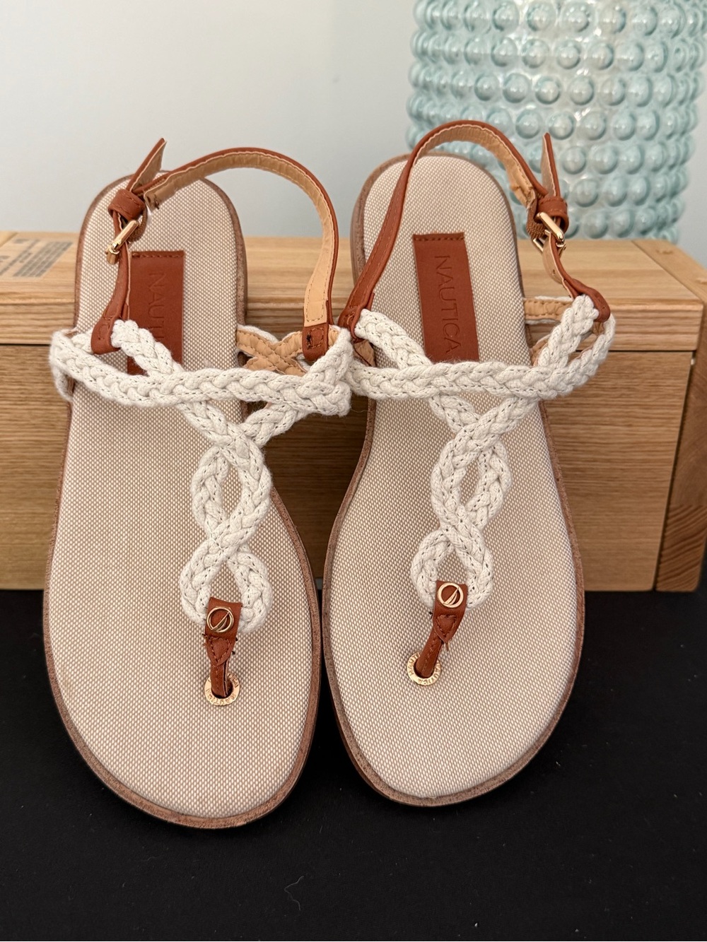 Nautica Tan & Cream Braided t-strap Thong Sandals